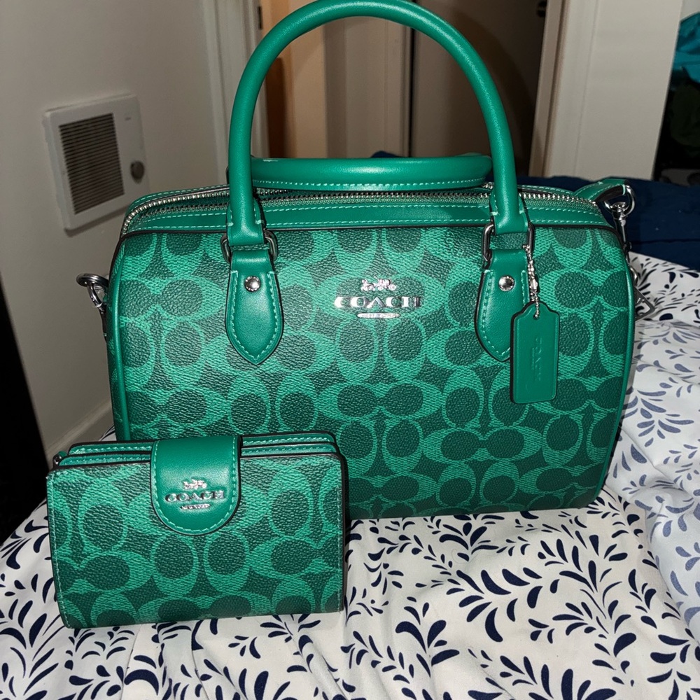 Coach Emerald Green Satchel and Wallet Set